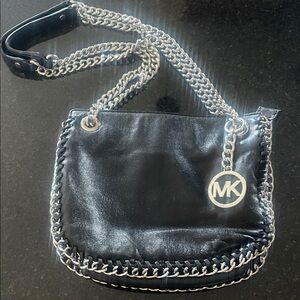 Michael Kors Black Shoulder Bag with Silver Chain Strap and MK Charm